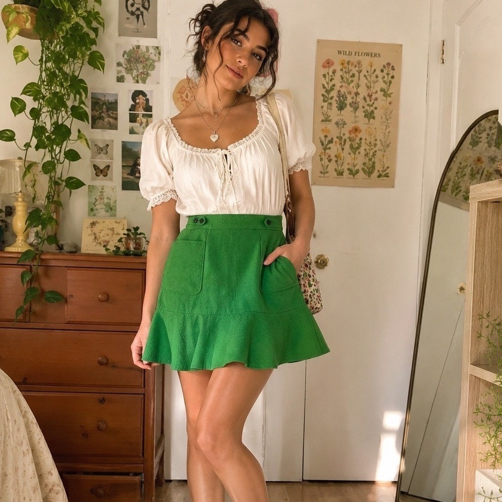 Maeve Anthropologie Green Wool Blend Ruffle Hem Mini Skirt 6 with Pockets A Lne